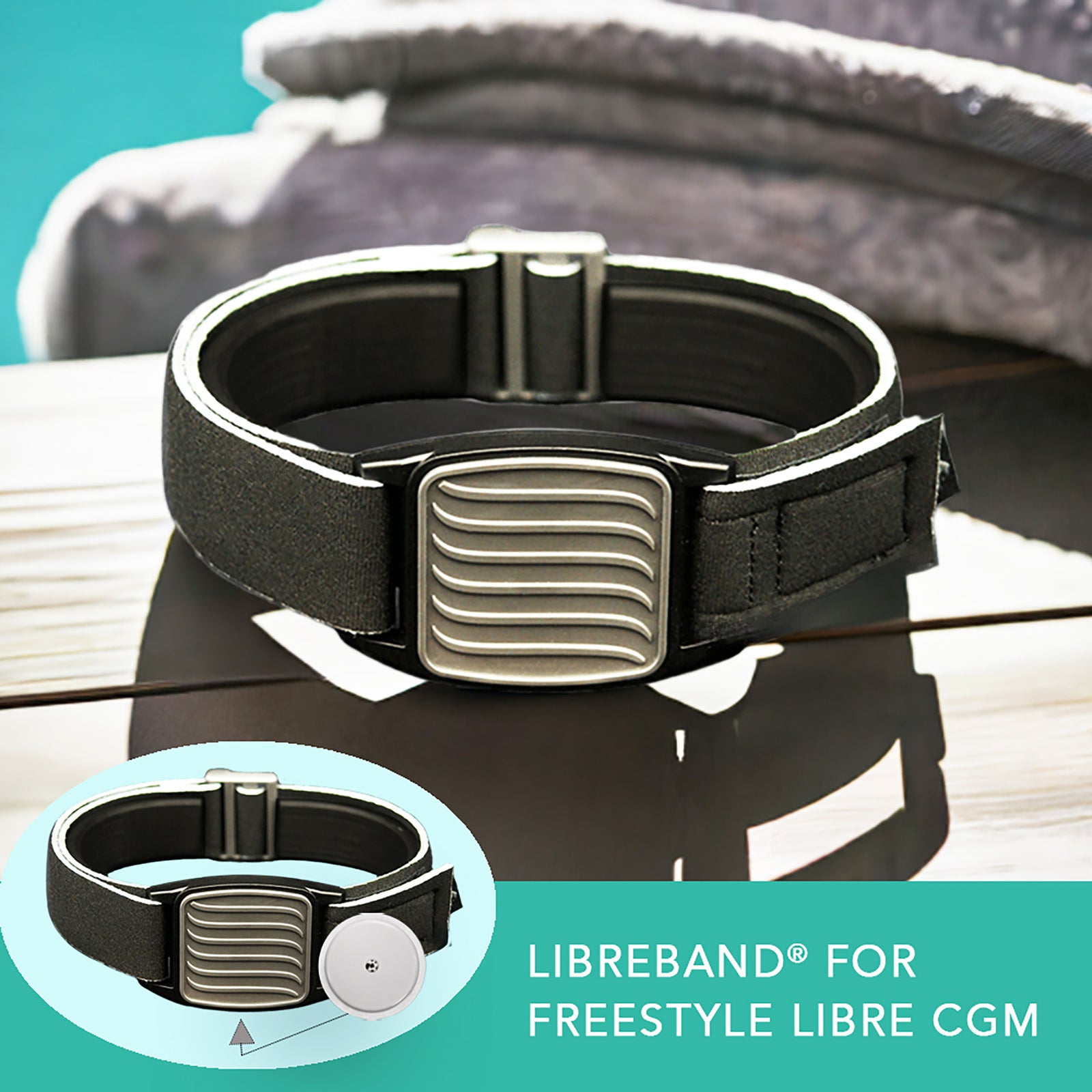 Libreband CGM armband for FreeStyle Libre 2 with pewter wave cover and water-resistant neoprene strap, for everyday wear, sport and swimming