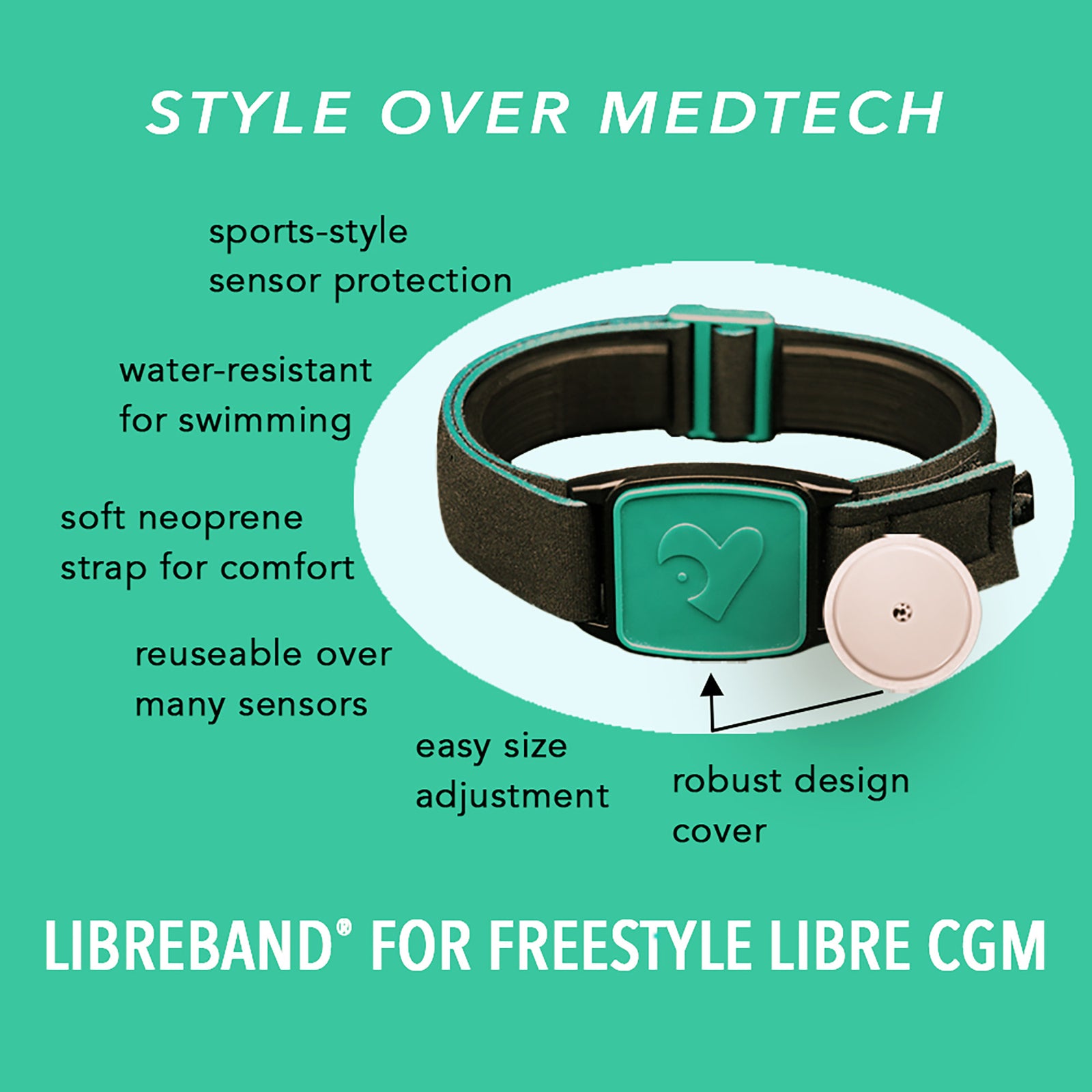 Libreband CGM armband for FreeStyle Libre 2 with teal heart cover and water-resistant neoprene strap on wooden lounger in swimming pool setting. Inset of armband alongside sensor. LML4696, LML2913, LML2470, LML2487.