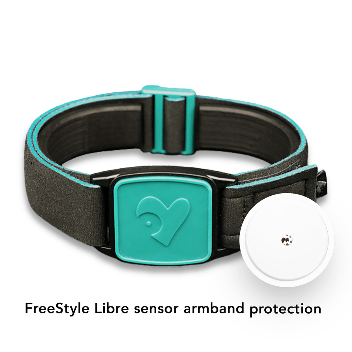 Libreband CGM armband for FreeStyle Libre 2 with teal heart cover and neoprene strap shown alongside sensor. LML4696, LML2913, LML2470, LML2487.