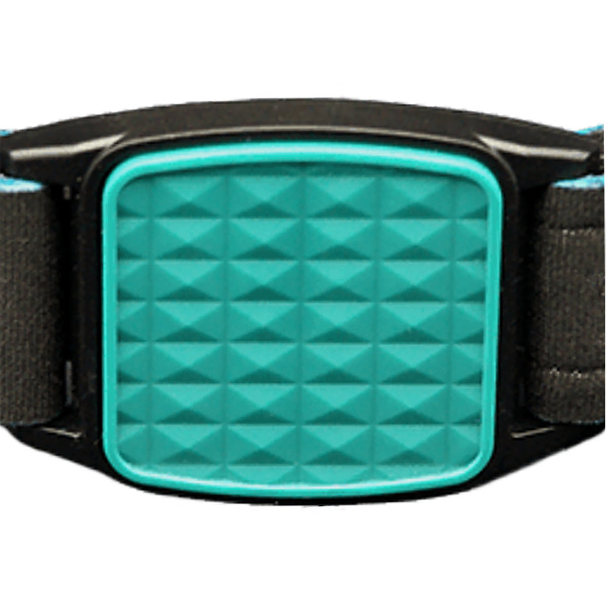 Libreband CGM armband teal cover close-up, compatible with FreeStyle Libre 2, showing pyramids detail. LML4702, LML2876, LML2852, LML2869.
