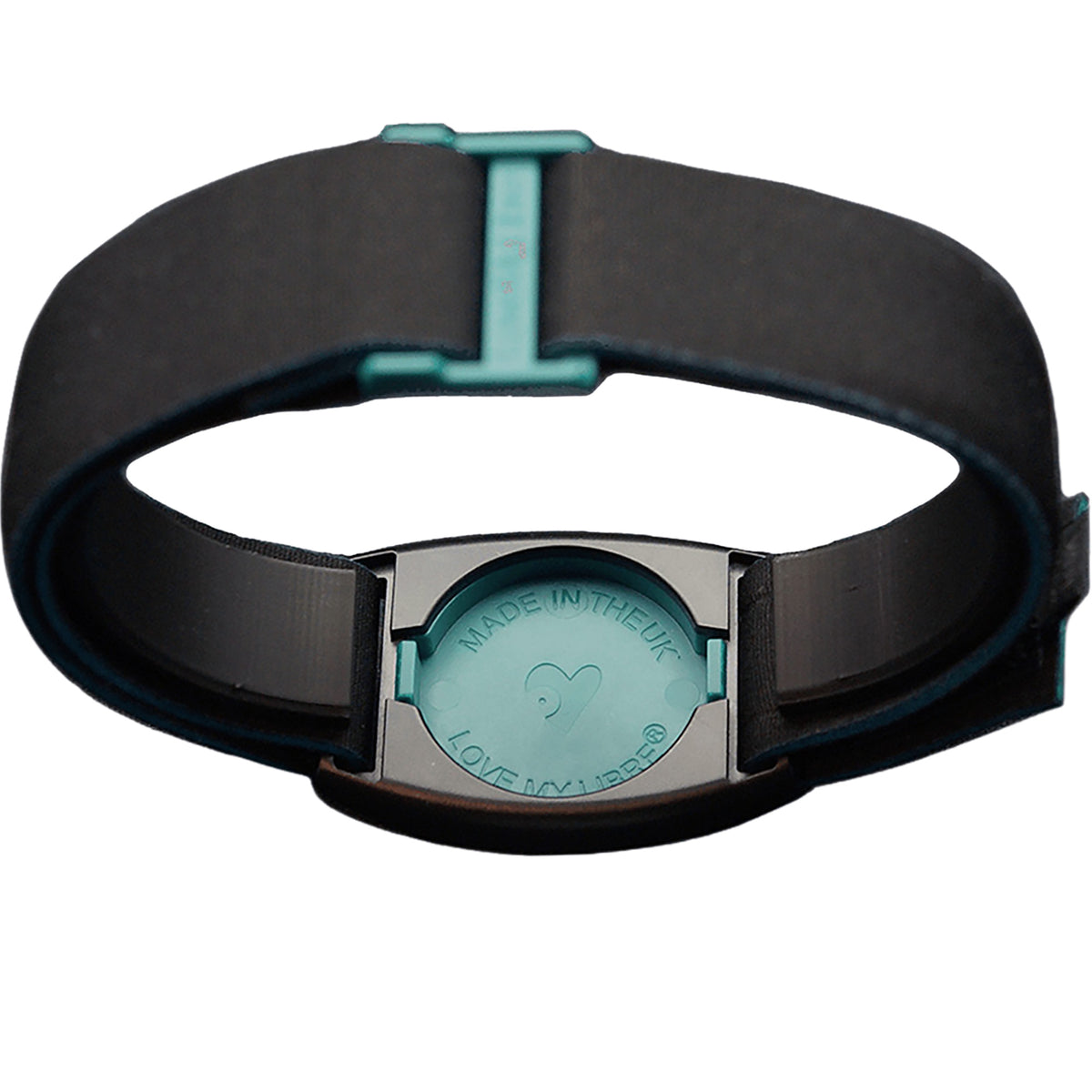 Reverse of Libreband CGM armband for FreeStyle Libre 2 with teal cover and water-resistant neoprene strap. LML4702, LML2876, LML2852, LML2869.