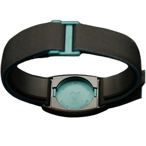Reverse of Libreband CGM armband for FreeStyle Libre 2 with teal cover and water-resistant neoprene strap. LML4719, LML2999, LML2418, LML2425.