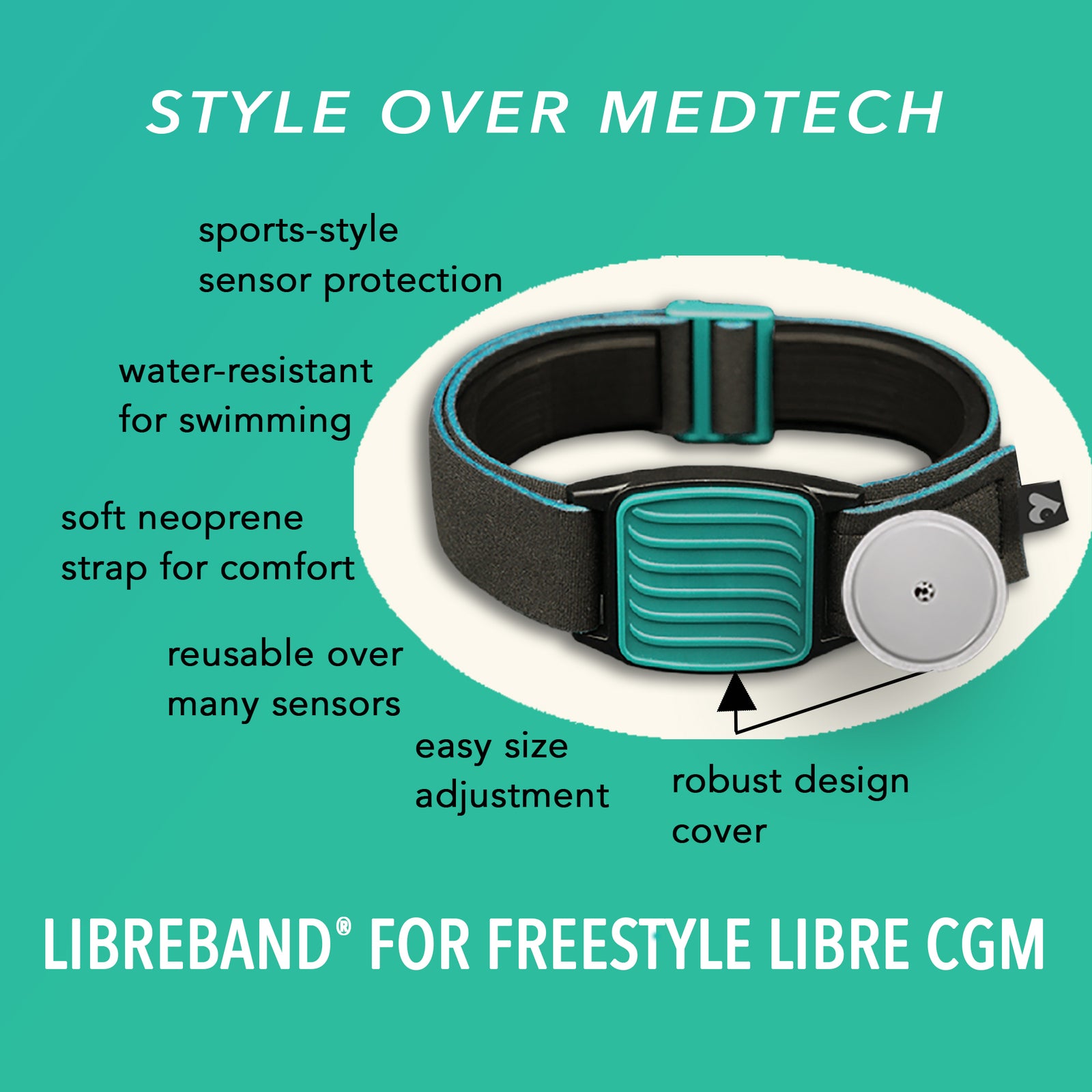 Libreband CGM armband for FreeStyle Libre 2 with teal wave cover and water-resistant neoprene strap on wooden lounger in swimming pool setting. LML2951, LML2456, LML2463.