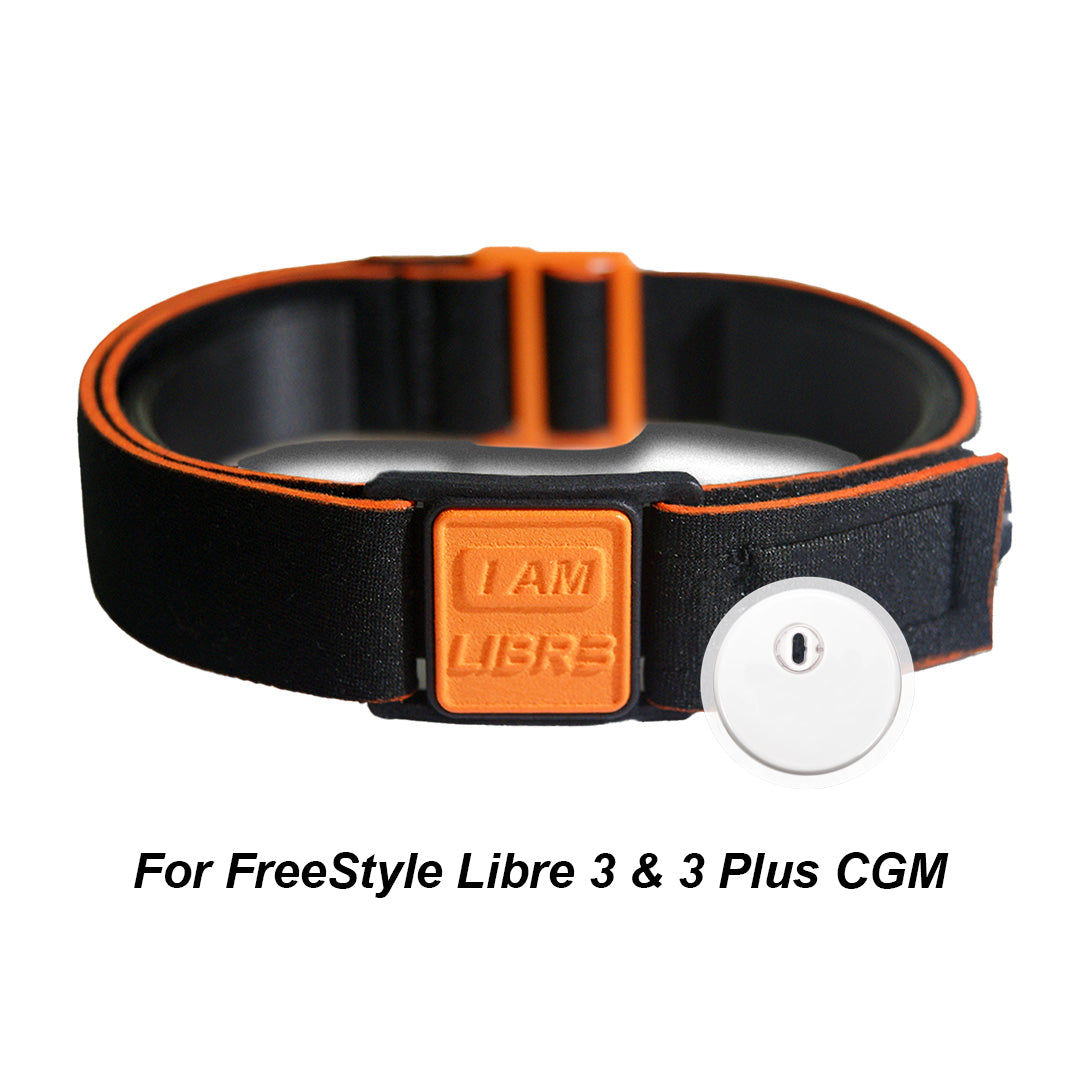 Libreband CGM armband for FreeStyle Libre 3 with orange I AM LIBR3 cover and FreeStyle Libre 3 sensor. 
LML4764, LML4399, LML4382, LML4375.