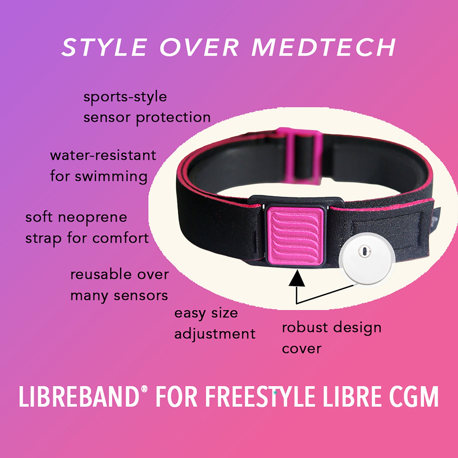 Libreband CGM armband for FreeStyle Libre 3 with magenta wave cover and black water-resistant neoprene strap on beach lounger.