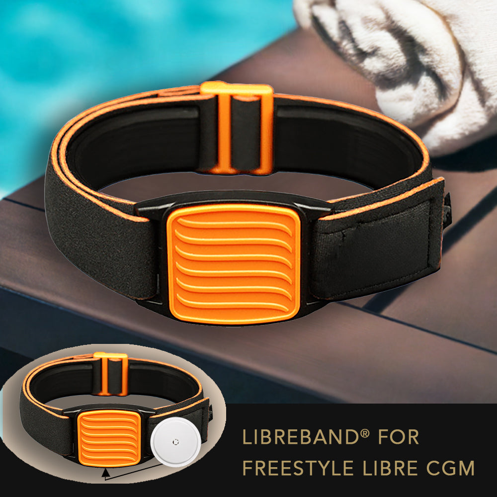 Black and orange Libreband for Freestyle Libre CGM.