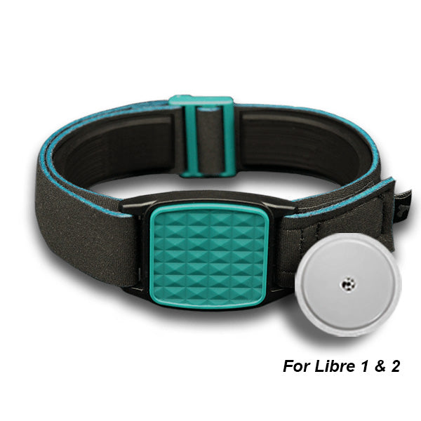 Libreband armband cover in teal with pyramids design. Black strap edged in coordinating teal with Libre 2 sensor next to strap. LML4702, LML2876, LML2852, LML2869.